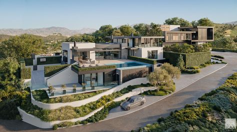 Mansion Landscape Design, Modern Mansion Garage, Modern Mansion Design, Hillside Villa Design, Modern Mega Mansion, Modern Home Built Into Hill, Modern Mansion On Hill Bloxburg, Modern Hillside Mansion, Japanese Mansion Modern Floor Plan