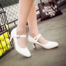 CHIC Women Leather Mary Jane Kitten Mid Heels Pumps Chic Girl Ankle Strap Shoes White Pumps Heels, Vintage Shoes Women, Elegant Pumps, Vintage Pumps, Mid Heels Pumps, Low Heel Pumps, Chunky Heel Pumps, Round Toe Pumps, Womens Chunky Heels