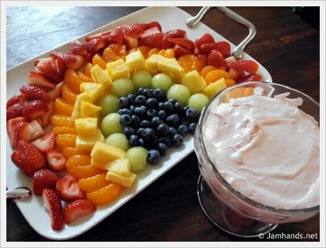 Rainbow Fruit Tray + Strawberry Fluff Fruit Dip Fruit Tray Ideas For Party, Rainbow Fruit Tray, Salad Tray, Fruit Tray Ideas, Strawberry Fluff, Dishes Ideas, Fruit Ideas, Fruit Dips Recipes, Fruit Fruit