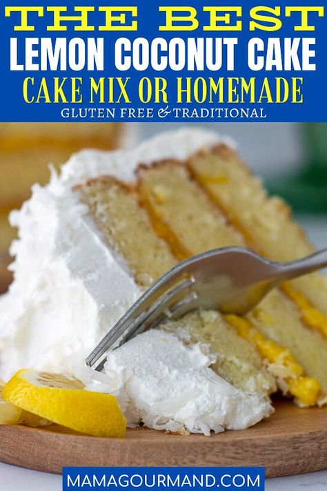 Easy Homemade Lemon Coconut Cake recipe has moist coconut cake layers with fresh lemon curd filling, all covered in a fluffy lemon cream cheese frosting. Learn how to make an old fashioned coconut cake made from scratch or a simplified version using a cake mix. #lemoncoconutcake #easy #homemade #frombox #best #glutenfree #cakemix Old Fashioned Coconut Cake, Mamagourmand Recipes, Moist Coconut Cake, Lemon Coconut Cake, Lemon Cake Filling, Fluffy Cream Cheese Frosting, Lemon Curd Cake, Lemon And Coconut Cake, Cheesecake Oreo