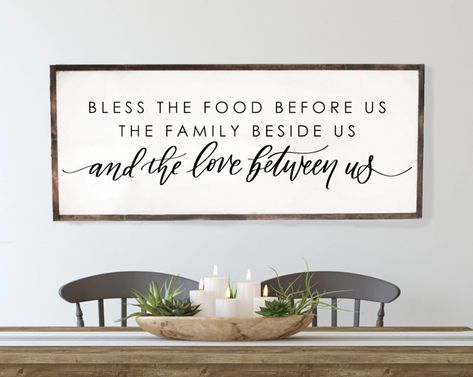 Finish off your dining room with this beautiful Bless The Food Before Us Farmhouse Wood Framed Sign that is sure to make a statement! Bless The Food Before Us, Modern Farmhouse Wall Decor, Bless The Food, Dining Room Wall Decor, Christmas Porch Decor, Wood Frame Sign, Farmhouse Style Kitchen, Farmhouse Dining Room, Rustic Wall Art