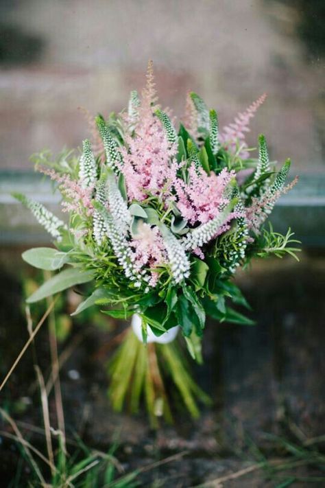 {A LOVELY Bouquet Featuring: Pink Astilbe, White Veronica, Green Seeded Eucalyptus, + Several Other Misc. Green Foliages·························} Astilbe Wedding, Astilbe Bouquet, Winter Bridal Bouquets, Small Wedding Bouquets, Vintage Bouquet, Rustic Bouquet, Whimsical Wonderland Weddings, Magical Wedding, Wedding Film