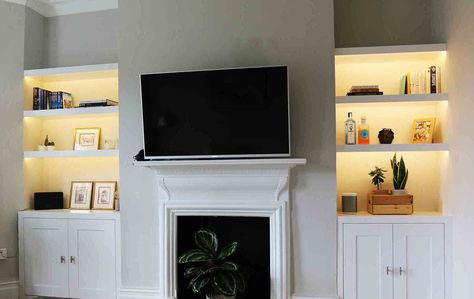 Tv Alcove, Shelves Alcove, Alcove Storage Living Room, Alcove Bookshelves, Living Room Built In Cabinets, Alcove Lighting, Alcove Ideas Living Room, Alcove Ideas, Alcove Shelves