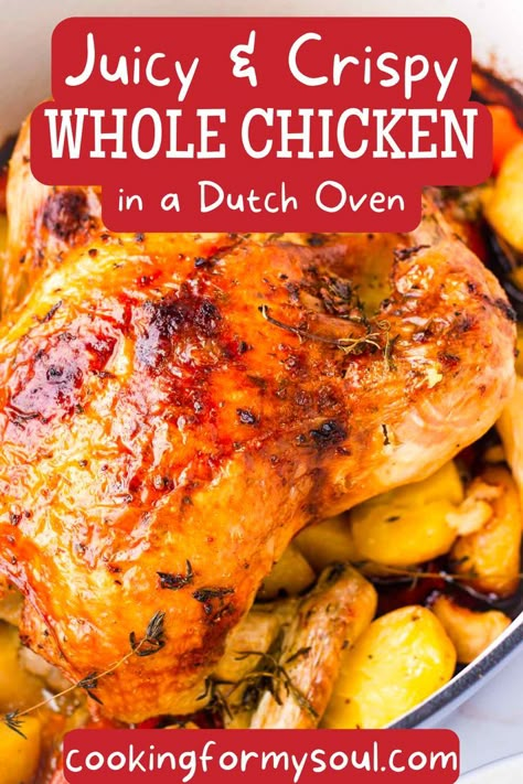 Dutch Oven Chicken Recipes, Oven Whole Chicken, Whole Chicken In Oven, Dutch Oven Whole Chicken, Whole Chicken Recipes Oven, Dutch Oven Dinners, Dutch Oven Roast Chicken, Oven Roasted Whole Chicken, Dutch Oven Meals