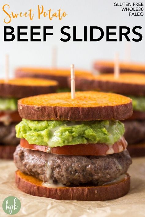 These Sweet Potato Sliders are the perfect healthy food for a crowd. Made with sweet potato buns and a beef patty covered in guacamole and ranch dressing, they're super tasty and a great game day recipe. A simple party food that's also paleo, gluten free, and Whole30 compliant. #sliders #hamburger #whole30 #paleo #beef Healthy Food For A Crowd, Sliders Hamburger, Healthy Gameday Recipes, Potato Sliders, Sweet Potato Sliders, Beef Patties Recipes, Potato Buns, Healthy Hamburger, Sweet Potato Buns