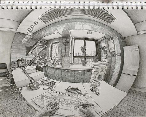 5 Point Perspective, Perspective Sketch, Perspective Drawing Architecture, Perspective Drawing Lessons, Cool Pencil Drawings, Point Perspective, Perspective Art, Architecture Drawing Art, Fish Eye