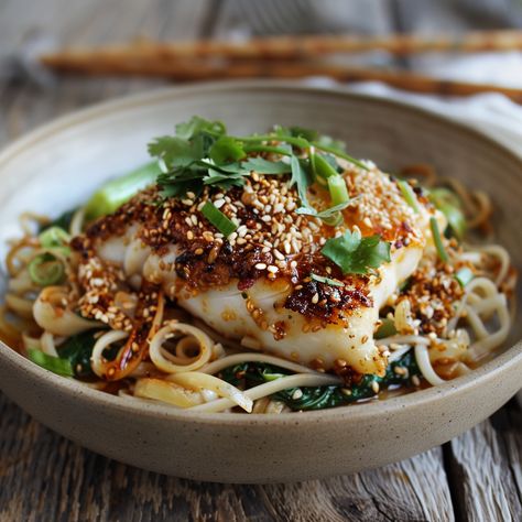 Sesame-Crusted Cod with Ginger Noodles | The Fish Society Fish With Risotto, Fish Noodles Recipe, Non Fishy Fish Recipes, Recipes For Dinner Fish, Opakapaka-fish Recipe, White Fish Meal Prep, Mild Fish Recipes, Fish And Noodles Recipes, Different Fish Recipes