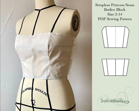 Womens Slim Fit Strapless Princess Seam Bodice Block / Size - Etsy Couture, Strapless Bodice Pattern, Dress Bodice Pattern, Corset Top Pattern, Princess Seam Bodice, Bodice Block, Bustier Pattern, Strapless Shirt, Crop Top Pattern