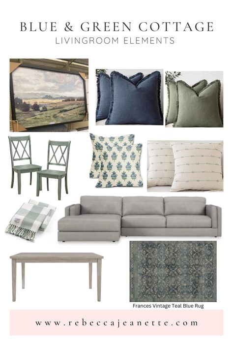 Blue And Green Cottage Living Room, Sage Green And Navy Blue Interior, Navy Gray Sage Living Room, Navy Blue And Green Living Room Decor, Green Blue Living Room Decor, Light Blue Green Living Room, Decorating With Blues And Greens, Blue Green Beige Living Room, Olive And Blue Living Room