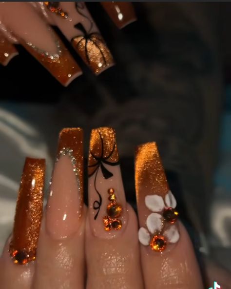 Coffin Nails Thanksgiving, Nails Design For November, November Birthday Nails Acrylic, Fall Nail Set Ideas, Birthday Nails October, November Almond Nails Designs Fall, Long Fall Acrylic Nail Designs, Fall Thanksgiving Nails Design, November Nails Long