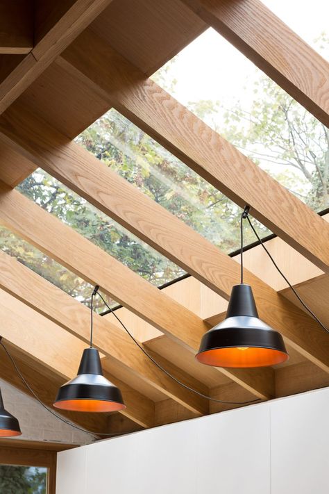 Grey Griffiths Architects' London extension features exposed roof structure Exposed Rafters, Roof Extension, Wood Roof, House Extension Design, Roof Window, Pergola With Roof, Roof Structure, Glass Roof, Exposed Beams