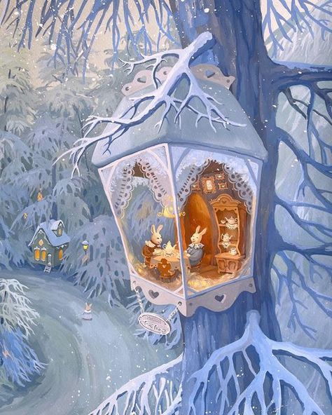 Fairy Tree Houses, Personajes Studio Ghibli, Sweet Drawings, 동화 삽화, Rabbit Illustration, Storybook Art, Art Mignon, Fairy Tree, Winter Illustration