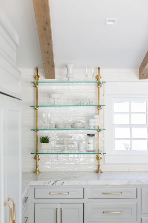 beam work-around ... 1930s French bistro open shelves / shelving ... gold pipe French Bistro Shelves, Bistro Shelves, Bistro Shelving, Brass Shelving, Luxurious Kitchens, Glass Shelves Kitchen, Bistro Kitchen, Glass Shelving, Expensive Homes