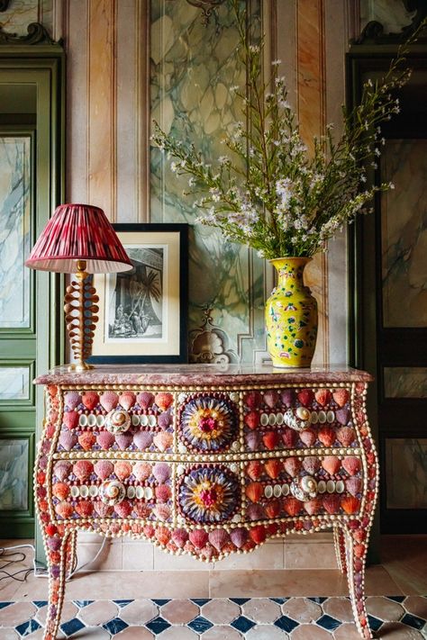 Laura Gonzalez’s French Manor Is a Joyful Mix of History, Art and Craftsmanship | AD Middle East Craftsmanship Aesthetic, Tropical Maximalism, Giraffe Bedroom, Big Kitchen Design, Tropical Cottage, Green Bedside Table, Colourful Furniture, Black Marble Floor, Laura Gonzalez