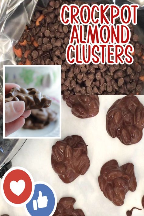 Chocolate covered almond clusters Chocolate Almond Bark Recipes, Crock Pot Almonds, Chocolate Covered Almonds Recipe, Chocolate Almond Clusters, Almond Bark Recipes, Chocolate Nuts Clusters, Chocolate Peanut Clusters, Almond Clusters, Easy Christmas Cookies