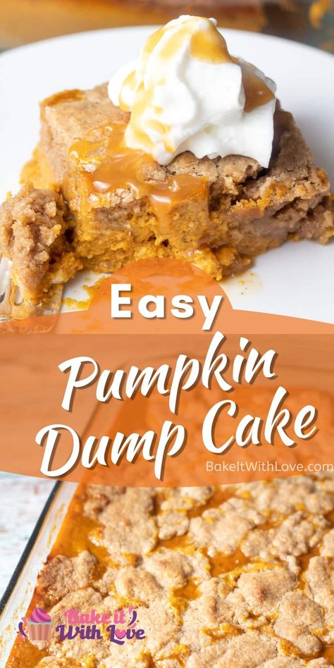 This pumpkin dump cake uses spice cake mix for an extra effortless yet extraordinarily delicious fall dessert! It features both pumpkin puree and homemade pumpkin pie spice for a truly warming flavor! As an added bonus, it is completely beginner-friendly so anyone can make it! BakeItWithLove.com #bakeitwithlove #pumpkin #dump #cake #dessert #fall #treat #pumpkindessert Canned Pumpkin Cake Mix Recipes, Pumpkin Drop Cake, Spice Cake Mix And Pumpkin Pie Filling, Betty Crocker Pumpkin Pudding Dump Cake, Pumpkin Apple Spice Dump Cake, Spice Cake Mix And Canned Pumpkin, Spice Cake Mix And Pumpkin Puree, Box Cake Mix Recipes Spice Pumpkin Puree, Pumpkin Cake Using Box Cake