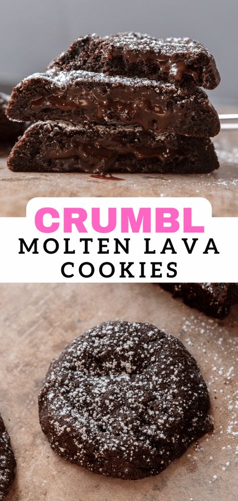 These molten lava cookies are the ultimate guilty pleasure with a rich and thick chocolatey cookie filled with a smooth bittersweet chocolate sauce. It will surely be a party in your mouth! Molten Lava Chocolate Chip Cookies, Lava Cake Cookie Recipe, Crumbl Molten Lava Cookies, Chocolate Lava Cake Cookies, Complicated Cookie Recipes, Lava Cookies Molten, Decadent Chocolate Cookies, Rare Cookie Recipes, Cookie With Chocolate In Middle