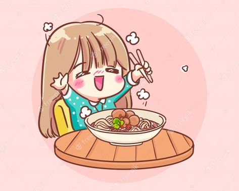 Essen, Kawaii, University Illustration, Cartoons Eating, Noodle Doodle, Girl Eating, Food Cartoon, Happy Cartoon, Digital Stickers