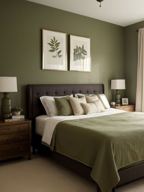 Olive Green Rooms, Green Room Ideas Bedroom, Olive Bedroom, Olive Green Bedrooms, Green Accent Wall, Green Bedroom Walls, Green Bedroom Decor, Olive Green Walls, Green Accent Walls