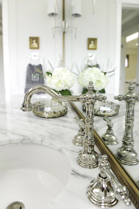 Modern Bathroom With Chrome Fixtures, Powder Room Chrome Fixtures, Master Bath Chrome Fixtures, French Country Bathroom Faucets, Pewter Bathroom Fixtures, Vintage Chrome Bathroom, Traditional Bathroom Fixtures, Rohl Bathroom Faucet, Antique Brass And Chrome Bathroom