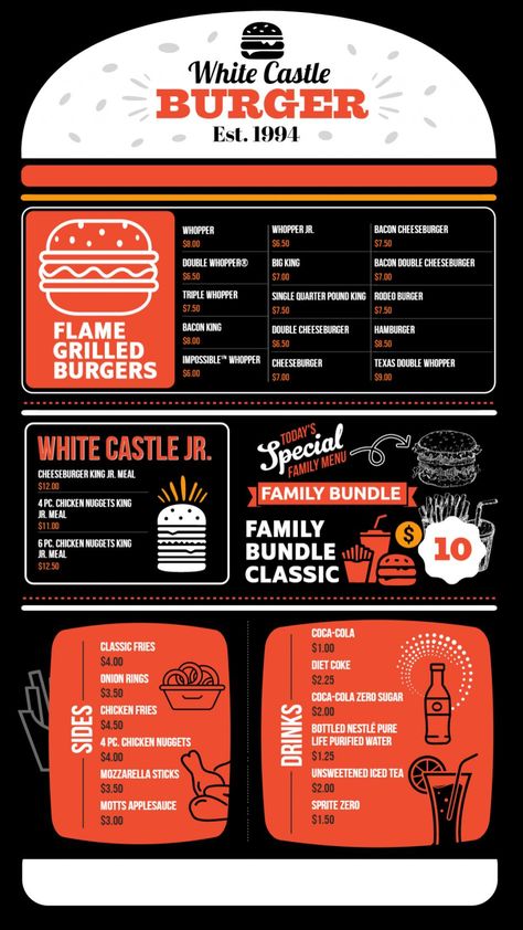 Burger Poster Menu Design Burger King Menu Board, Menu Design Burger, Burger Menu Design, Rodeo Burger, White Castle Burgers, Burger Poster, Burger Branding, Burger Images, Menu Board Restaurant