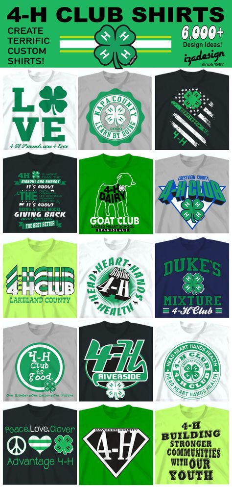 Custom 4-H shirts by IZA Design since 1987. Create custom 4H club and event shirts. Search our extensive collection of awesome 4-H club shirt designs. Perfect for 4-H team building events, 4-H goat clubs, and 4-H spirit shirts. IZA Design cool custom t-shirts for your 4-H club! 4h T Shirt Designs, 4 H Club Shirts Designs Ideas, 4h Shirt Designs, 4 H Shirts, 4-h Sayings, 4h Signs For Fair, 4h Tshirt Designs Ideas, 4 H Banner Ideas, 4h Club Shirts Design Ideas