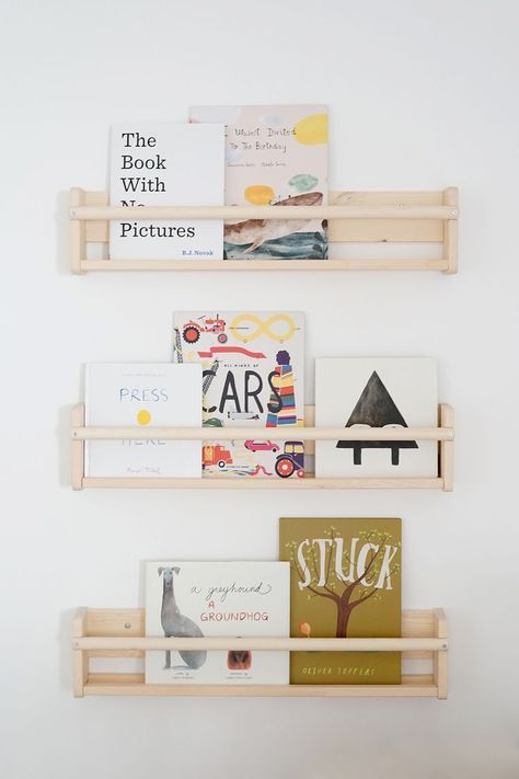 Ikea Book, Tiny Nursery, Book Ledge, Nursery Book, Nursery Bookshelf, Nursery Shelves, Nursery Room Design, Montessori Ideas, Playroom Organization