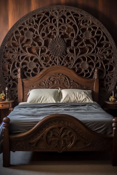 Luxury Bed Headboard, Mediterranean Bed, Carved Wooden Headboard, Moroccan Headboard, Wood Carved Headboard, Bedroom Mediterranean, Purple Bedroom Decor, Carved Headboard, Head Boards