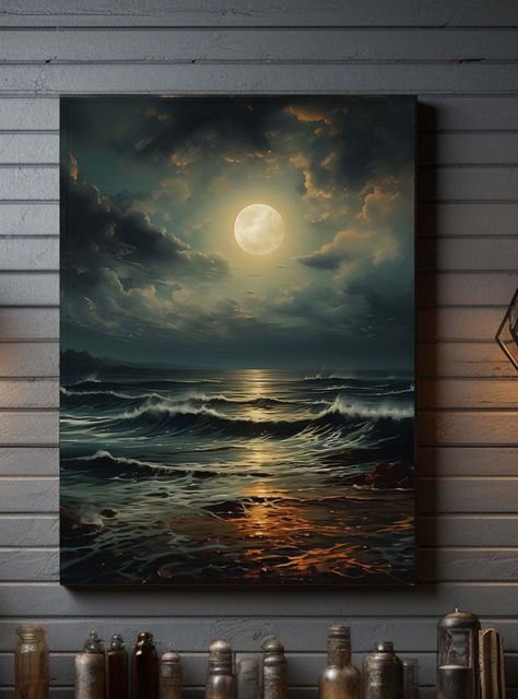 Envelop your space with the soothing ambiance of the 'Moody Moon Over a Calm Ocean Canvas Wall Art.' With its captivating imagery and tranquility, this piece brings the beauty of the night sky and the serenity of the ocean into your home.  #MoodyMoonArt #OceanCanvas #TranquilDecor Return Policy Instructions Eligibility: Returns and exchanges are only accepted if the product received is damaged. Documentation: Please provide clear photos of the damaged product to support your return request. Time Canvas Paintings Idea, Art Ocean Painting, The Idea Of ​​painting On Canvas, Painting Ideas For Home Walls, Night Sky Moon Painting, Wall Art Bedroom Paint Aesthetic, Moon Painting Ideas, Night Time Paintings, Night Ocean Painting