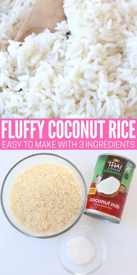 Learn how to make fluffy coconut rice on the stove or in an Instant Pot with white rice and coconut milk! This recipe is simple and delicious paired with Thai, Indian or Caribbean cuisines. Coconut Rice In Instant Pot, Fluffy Coconut Rice, Coconut Instant Rice, Coconut Jasmine Rice Rice Cooker, Rice In Coconut Milk, Coconut White Rice Recipe, Instant Rice Side Dishes, Sweet Jasmine Rice, Different Ways To Make White Rice