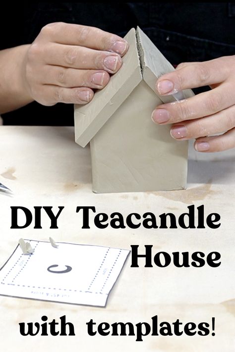 Hand Built Pottery Templates, Tealight House, Pottery Templates, Pottery Tutorials, House Pottery, Holiday Pottery, Ceramics Pottery Mugs, House Tutorial, Pottery Candle Holder