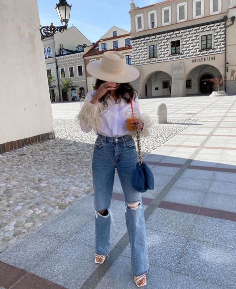 Lack of Color Hats on Instagram: “@aniek.pl in her ‘Juno Boater - Cream’ 🦋” Boater Hat Outfit, Lack Of Color Hat, Canadian Tuxedo, Hat Outfit, Lack Of Color, Distressed Hat, Boater Hat, Outfits With Hats, Blue Outfit