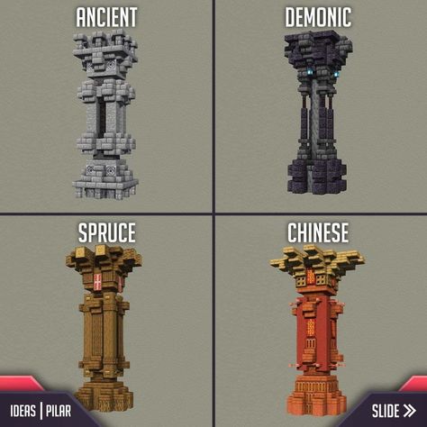 Gama on Instagram: “This time we're here with four 3x3 pillar designs 😄 ⚠️Original Content ! Repost is allowed with mentions. ▬▬▬ [ ignore ] ▬▬▬…” Pillars Minecraft Ideas, Minecraft Stone Pillars, Pillar Ideas Minecraft, Minecraft Cave Base Ideas Entrance, Pillar Minecraft Ideas, Minecraft Collums, Minecraft Round Staircase, Minecraft Pillars Design, Pillar Design Minecraft