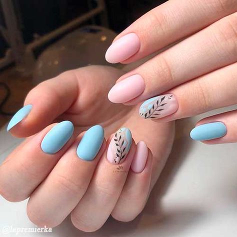 Pink Blue Nails, Blue Wedding Nails, Pastel Blue Nails, Leaf Nail Art, Blue Matte Nails, Nail Art Designs For Beginners, Pink Tip Nails, Sky Blue Nails, Nail 2023