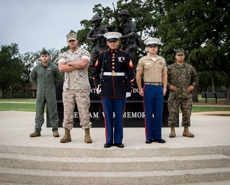 Marine Corps recruiters out of Recruiting Sub-Station Arlington, Texas wear different Marine Corps uniforms at Veterans Park ... representing the honorable, proud history of the Marine Corps. Marine Corp Aesthetic, Marine Corps Aesthetic, Marine Corps Bootcamp Parris Island, Us Marine Corps Uniforms, Us Marines Uniform, Patriotic Photos, Marine Corps Uniforms, Marine Corps Bootcamp, Usmc Uniforms