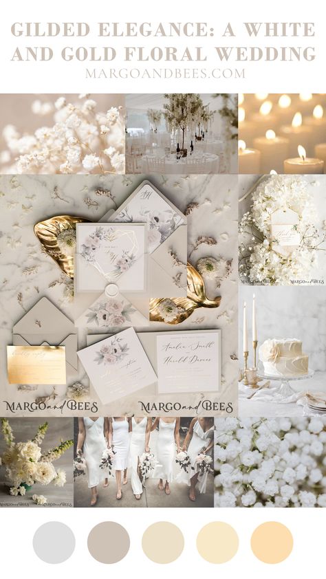 9 Essentials for White and Gold Floral Wedding Color Scheme – blog MargoAndBees All White Wedding Theme Color Palettes, White And Gold Wedding Palette, Wedding Color Schemes White, White Wedding Color Schemes, White Gold Color Palette, Elegant Wedding Color Schemes, Wedding Color Pallets, White Wedding Palette, Summer Wedding Colors Schemes