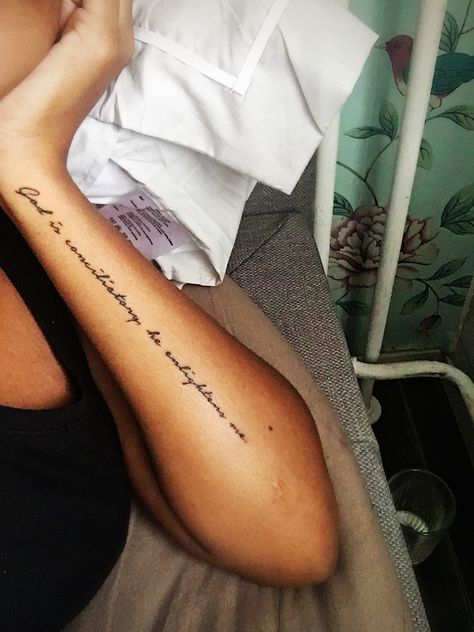 Words Down Arm Tattoo, Written Forearm Tattoo, Tattoos Writing Ideas, Quotes For Arm Tattoos, Writing Forarm Tattoos, Tattoo Down Arm Quotes, Tattoo Quotes For Women Arm, Tattoo Words On Forearm, Quotes Tattoos On Arm