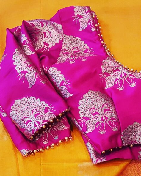 Pink Brocade Blouse Design, Green Brocade Blouse Designs, Dark Pink Blouse Designs, Work On Brocade Blouse, Brocade Saree Blouse Designs, Copper Blouse Designs, Brocade Blouse Designs Pattern Back, Brocade Blouse Designs Latest, Pink Saree Contrast Blouse