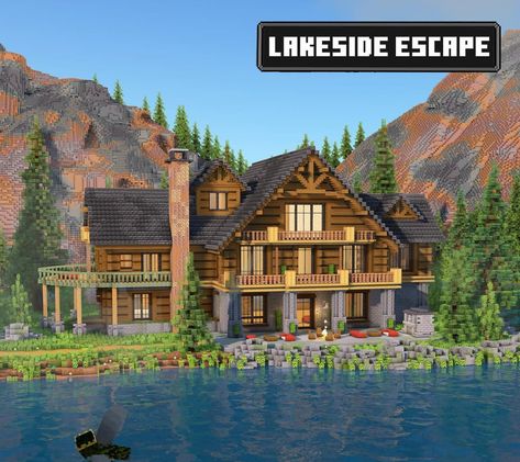 #Minecraft Lakeside House Minecraft Houseboat Ideas, Minecraft Country House Ideas, Minecraft Hunting Lodge, Cool Minecraft Doorways, River Minecraft House, Minecraft Modern Farmhouse, Minecraft Cabin Ideas Log Homes, Modern Cabin Minecraft, Minecraft Waterfront House