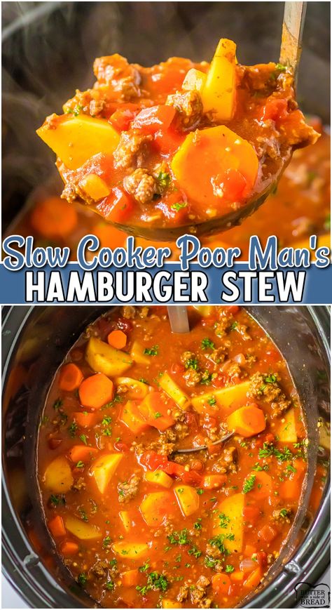 Slow Cooker Hamburger Recipes, Hamburger Crockpot Recipes, Ground Beef Stew, Hamburger In Crockpot, Poor Mans Stew, Comfort Soups, Stew Recipes Crockpot, Ground Beef Stews, Slow Cooker Ground Beef