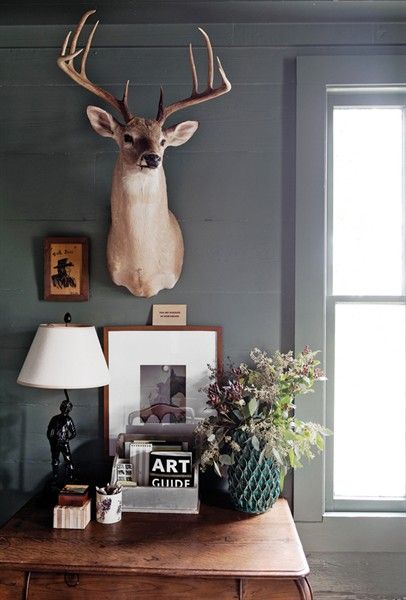 Bungalow Blue Interiors - Home - ashley putman's cozy country farmhouse Decorating With Mounts, How To Style A Deer Mount, Farmhouse With Deer Mounts, Deer Head Gallery Wall, Office With Taxidermy, How To Make Deer Mounts Cute, Decorating With Deer Mounts Modern, Tasteful Deer Head Decor, Bedroom With Deer Mounts