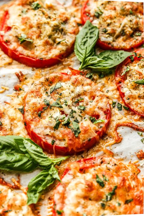 Low Calorie Tomato Recipes, Cherry Tomato Pizza Recipes, Pizza With Fresh Tomatoes, Cheesy Baked Tomato Slices, Baked Cherry Tomatoes With Mozzarella, Sliced Tomatoes With Mozzarella Cheese, Baked Tomato Slices, Pizza With Tomatoes, Garden Vegetable Recipes