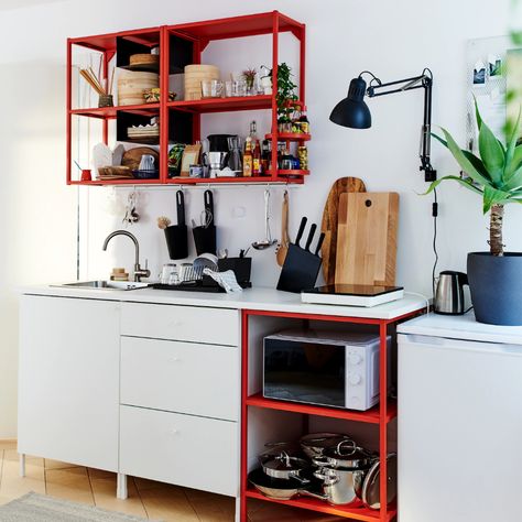 An ENHET kitchen with show-stopping flexibility - IKEA Berlin Kitchen, Upstairs Kitchen, Mini Kitchens, Ikea 2021, Yellow Dining Chairs, Micro Kitchen, Ikea Inspiration, Ikea Catalog, Bathroom Red