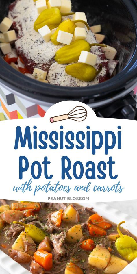 Mississippi Pot Roast with Potatoes and Carrots Beef Tips Potatoes And Carrots, Gluten Free Dairy Free Mississippi Pot Roast, Pot Roast Crock Pot Recipes With Ranch Packet, Crockpot Pot Roast With Pepperoncini, Beef Carrots Potatoes Crockpot, Mississippi Roast With Vegetables, Mississippi Pot Roast With Potatoes And Carrots Crockpot Easy, Roast With Banana Peppers Crockpot, Banana Pepper Roast Crock Pot