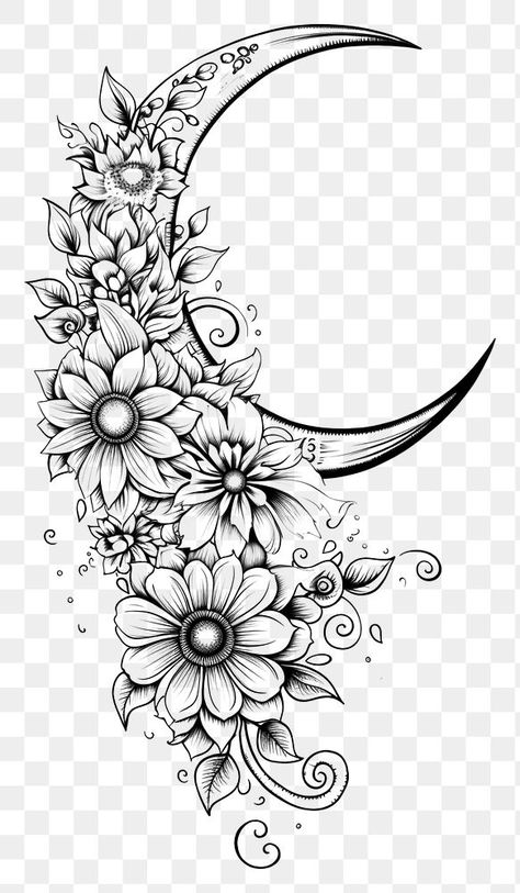 Floral Crescent Moon Tattoo Design, Half Moon Sketch, Sun N Moon Tattoo, Half Moon Tattoo Design, Half Mandala Drawing, Moon Dream Catcher Tattoo, Henna Moon Design, Half Moon Mandala, Flower Moon Tattoo