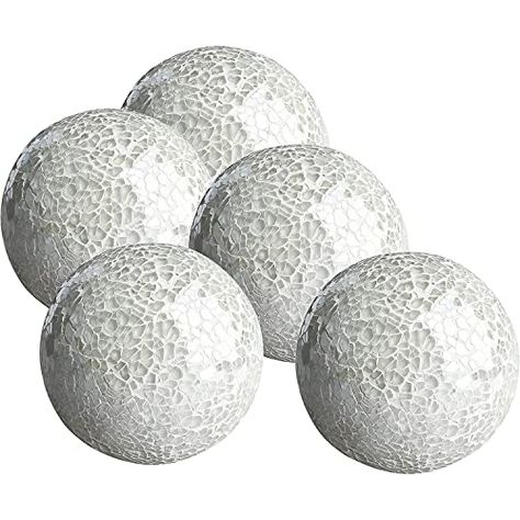 WHOLE HOUSEWARES | Decorative Balls | Decorative Balls for Centerpiece Bowls | Set of 5 | Glass Mosaic Sphere | Diameter 3" | Modern Decorative Orbs (White) Decorative Balls In Bowl, Circular Objects, Decorative Orbs, Boxwood Balls, Decorative Balls, Homeowner Gift, Black Bowl, Mosaic Pieces, Unique Centerpieces