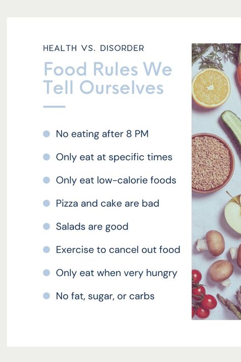 Popular diets based around clean eating, low sugar, high fiber, detoxes, and cleanses are all rooted in the belief of avoiding the "bad" and consuming the "good," oftentimes with no exceptions. The science of diets cultivates a restriction of certain foods and implements food rules that control what you eat instead of letting your preferences and tastes make the choices. While some people can approach diets carefully, others can see these guidelines as destructive to their eating disorder recovery. Read more about how food rules can break us and how to approach healthy lifestyle decisions in our new blog. Body Inclusivity, Tips For Mental Health, Recovery Coach, Self Love Ideas, Healthier Relationship, Healing Body, Recovery Inspiration, Best Self Care, Food Habits