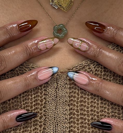 earthy tonesss 🤎🤎 - #gelx #gelnails #nails #fallnails Medium Length Gel Nail Designs, Earth Tones Nails Designs, Earth Girl Nails, Earth Tones Nails, Earthy Green Nails, Green Design Nails, Earthy Acrylic Nails, Gelx Inspo Nails, Funky Acrylic Nails