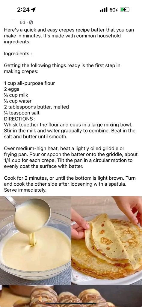 Sweet Crepes Recipe, Easy Crepe Recipe, Crepe Batter, Sweet Crepes, Homemade Cookbook, Cake Baking Recipes, Quick Recipes Snacks, Sweet Snacks Recipes, Delicious Snacks Recipes