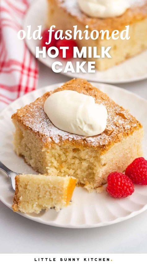 An old-fashioned recipe for the most tender and delicious Hot Milk Cake! It's just like grandma used to make, and melt-in-your-mouth amazing Scalded Milk Cake, Old Fashion Hot Milk Cake, Sweet Tea Cake, Baked Milk Recipes, Grandma Cake Recipes, Easy Hot Dessert Recipes, Dessert Recipes Using Milk, Hot Milk Recipes, Desserts That Use Milk